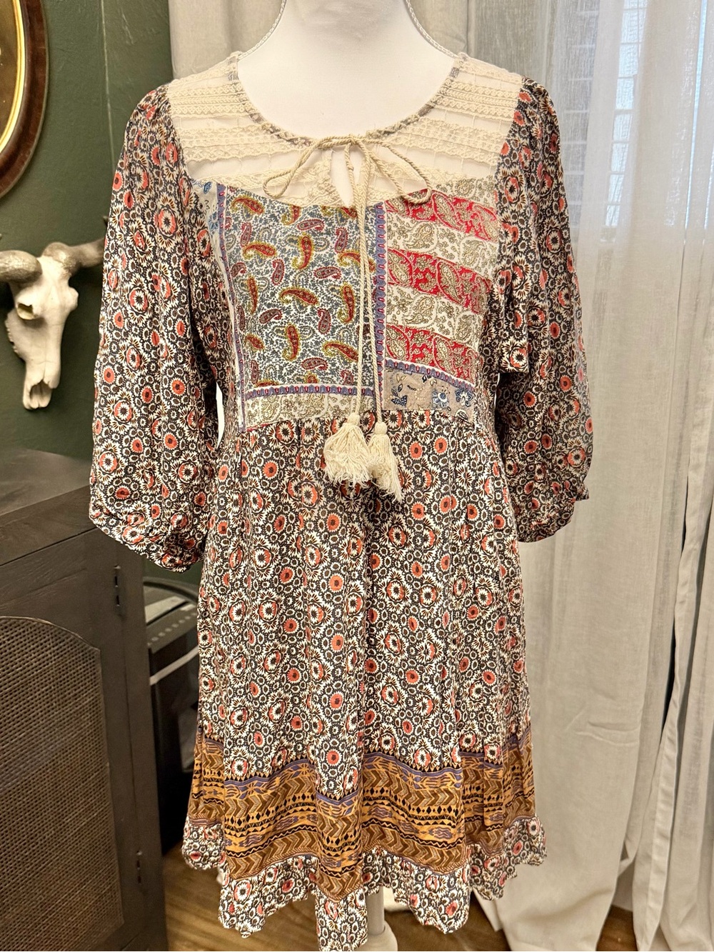 Umgee Boho Patchwork Tunic Dress in Cream, Rust, Mustard Size S